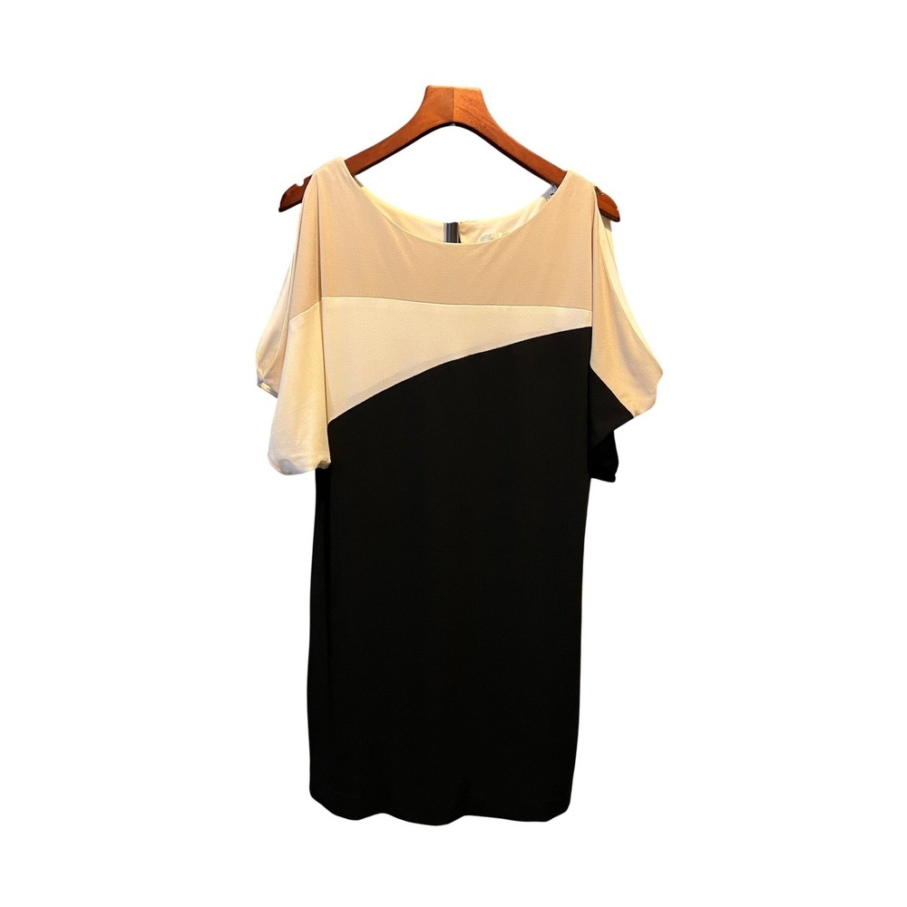 Dressbarn Women Size 6 Black Tan Colorblock Cold Shoulder Shift Dress 115261L